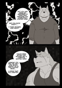 anthro beard belly bodily_fluids bottomwear clothing crying dialogue duo facial_hair male open_mouth pants profanity shirt slightly_chubby tears text topwear alfredblaze alfred_blaze_(character) lance_anders canid canine canis mammal wolf 2025 comic english_text hi_res