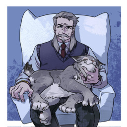 alternate_species clothing duo facial_hair feral feralized fur grey_body grey_fur grey_hair hair humanized male mustache necktie on_lap sitting topwear vest ramakun_n disney zootopia milton_lynxley pawbert_lynxley canada_lynx felid feline human lynx mammal 1:1 hi_res