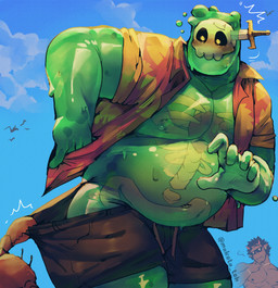 aloha_shirt anthro belly big_belly blue_sky blush bone bottomwear clothing clothing_pull male melee_weapon navel nipples not_furry overweight overweight_male pattern_clothing pattern_shirt pattern_topwear pulling_shorts_down shirt shorts skull sky solo sword topwear visible_skeleton weapon makota_toh monster_prom doug_(monster_con) arthropod crab crustacean decapod goo_creature goo_humanoid humanoid malacostracan absurd_res hi_res