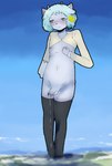 antennae_(anatomy) anthro balls black_clothing black_legwear black_thigh_highs blue_body blue_hair blue_skin blush bodily_fluids city clothed clothing dripping femboy genital_fluids genitals giga hair landscape_dwarfing leaking_precum legwear macro male nipples partially_clothed penis precum precum_drip precum_on_ground purple_eyes solo thigh_highs yellow_clothing teruni-inamor wassa_panotto_inamor alien virelli hi_res