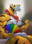 2023 after_exercise anthro barazoku biceps big_bulge big_muscles big_pecs blurred_background bodily_fluids bottomwear bulge claws clothing eyebrows felid frosted_flakes fur grossy_vulpen hand_fan hi_res hotpants huge_muscles jockstrap kellogg's kerchief lgbt_pride male mammal mascot muscular muscular_anthro muscular_male narrowed_eyes neckerchief nipples open_mouth pantherine pecs pride_colors rainbow_pride_colors shirt shorts side_view simple_background sitting solo super_gay sweat tank_top thick_thighs tiger tongue tongue_out tony_the_tiger topwear tuft underwear