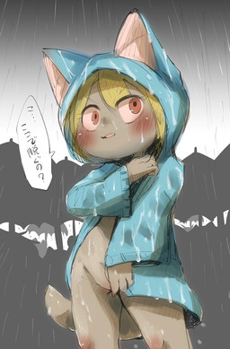 anthro blonde_hair blush bottomless breasts brown_body clothed clothing coat covering covering_breasts covering_crotch covering_self dialogue fake_cat_ears fake_ears female hair loli outside partially_clothed raincoat raincoat_only raining solo text topwear wet young young_anthro young_female doneru tany_(doneru) bamfear hi_res japanese_text sketch translated unavailable_at_source adult_(lore)