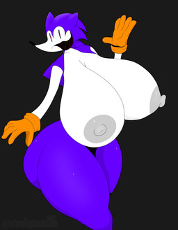 anthro areola big_breasts black_eyes black_teeth breasts clothing female fur gloves grey_areola grey_background grey_nipples handwear huge_breasts hyper hyper_breasts looking_at_viewer nipples orange_clothing orange_gloves orange_handwear purple_body purple_fur raised_arm sharp_teeth simple_background smile solo teeth thick_thighs white_body white_fur wide_hips stemingbunbun creepypasta needlem0use_(analogue_horror) sega sonic.exe_(creepypasta) sonic_the_hedgehog_(series) fan_character sarah_(needlemouse) sonic_the_hedgehog eulipotyphlan hedgehog mammal absurd_res hi_res