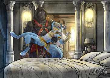 anthro anthro_on_anthro bed bedroom black_body black_fur black_hair black_nipples black_tail blue_body blue_eyes blue_fur blue_tail candle clothed clothing crossdressing duo fur furniture hair holding_another inside lamp long_hair male male/male male_anthro mouth_closed muscular muscular_anthro muscular_male narrowed_eyes nipples pecs pillow side_view skimpy slim_anthro slim_male standing tail white_body white_fur white_hair yellow_eyes hufnaar canid canine equid equine horse mammal 2024 dated hi_res