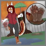 anthro autumn barefoot clothed clothing dirty dirty_feet feet female foot_fetish foot_focus hindpaw mud pawpads paws puddle solo umbrella mattumby cedar_(cedarcat) domestic_cat felid feline felis maine_coon mammal 1:1 hi_res