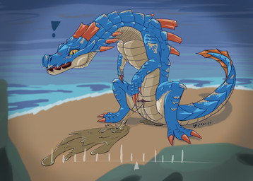animal_genitalia blue_body blue_scales blush bodily_fluids claws cloaca embarrassed female female_feral feral fin genital_fluids genitals multicolored_body multicolored_scales orange_body outside peeing peeing_on_ground peeing_outside quadruped scales solo tail tail_fin tan_body tan_scales toe_claws urine urine_on_ground urine_pool urine_stream voyeur_pov watersports yellow_eyes valrionwrites capcom monster_hunter lagiacrus leviathan_(mh) 2025 digital_media_(artwork) hi_res