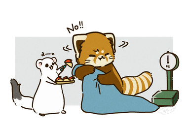 bedding biped black_eyes blanket brown_body chibi dot_eyes duo eyes_closed feral food simple_eyes text white_body shi_nominmin ailurid mammal mustelid musteline red_panda stoat true_musteline weasel 2023 hi_res