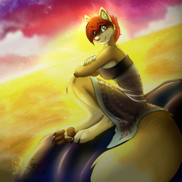 anthro breasts brown_body brown_eyes brown_fur brown_nose clothed clothing digitigrade dress ear_piercing feet female fur hair hindpaw orange_hair outside paws piercing solo sunset tail wolflady katten canid canine mammal 1:1 digital_media_(artwork)