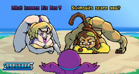 anthro big_breasts bikini blonde_hair breasts brown_hair butt clothing female group hair light_body light_skin pose purple_body purple_eyes swimwear tail tan_body text trio two-piece_swimsuit pseudare gameoverse glitch_productions gobbles_(gameoverse) kit_bodega miss_information domestic_cat felid feline felis human humanoid mammal scalie digital_media_(artwork) english_text hi_res pinup pixel_(artwork)