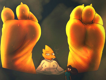 3_toes anthro barefoot bodily_fluids claws depth_of_field duo extreme_size_difference eyewear feet female foot_fetish foot_focus glasses macro micro micro_female musk musky_feet scales size_difference smelly smelly_feet sweat sweaty_feet toe_claws toes yellow_body yellow_scales zalbox34 undertale_(series) alphys human mammal reptile scalie 2026