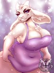 anthro big_breasts big_ears breasts cleavage clothed clothing eyelashes female floppy_ears front_view fur head_tuft horn huge_breasts inner_ear_fluff looking_at_viewer lop_ears navel_outline nipple_outline overweight overweight_female purple_clothing purple_eyes smile solo thick_thighs tuft white_body white_fur white_horn wide_hips motherabigail undertale_(series) toriel boss_monster_(undertale) bovid caprine goat mammal hi_res