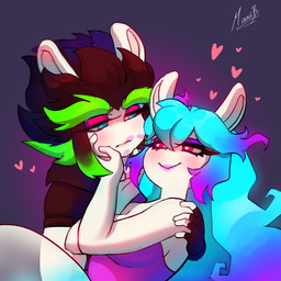 5_fingers anthro arm_around_partner arms_bent bangs bare_shoulders black_clothing black_fingerless_gloves black_gloves black_hair black_handwear black_jacket black_topwear blue_eyes blue_hair blush breasts closed_frown closed_smile clothed clothed_anthro clothed_female clothing duo eyebrows eyelashes female female/female female_anthro fingerless_gloves fingers frown frowning_at_partner fur gloves green_eyebrows green_hair hair half-closed_eyes hand_on_face handwear heart_pupils heart_symbol hearts_around_head jacket kiss_mark_on_face light lips long_ears long_eyelashes long_hair medium_breasts mouth_closed multicolored_body multicolored_hair narrowed_eyes noseless open_clothing open_jacket open_topwear pupils purple_background purple_clothing purple_eyelids purple_eyes purple_hair purple_lips purple_shirt purple_topwear romantic romantic_couple shirt short_hair simple_background smile spiky_hair tan_body tan_inner_ear tan_lips tan_skin thick_eyebrows topwear translucent translucent_body two_tone_body two_tone_hair white_body white_fur white_pupils gloom_arts mario_bros mario_plus_rabbids_sparks_of_hope nintendo raving_rabbids rayman_(series) ubisoft edge_(mario_plus_rabbids) midnite_(mario_plus_rabbids) spark_hunter ghost hybrid lagomorph mammal rabbid spirit 1:1 2022 colored crossover digital_drawing_(artwork) digital_media_(artwork) english_description hi_res lighting shaded signature