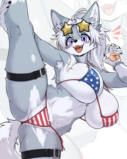 5_fingers american_flag_bikini anthro big_breasts bikini blowup_background blue_eyes bracelet breasts cheek_tuft cleavage clothed clothing cute_fangs eyebrow_through_hair eyebrows eyelashes eyewear eyewear_on_head facial_tuft fangs female fingers flag_bikini flag_swimwear fur grey_body grey_fur grey_hair hair huge_breasts inner_ear_fluff jewelry long_hair looking_at_viewer midriff multicolored_body multicolored_fur navel open_mouth open_smile raised_leg simple_background smile solo spread_legs spreading star_sunglasses sunglasses sunglasses_on_head swimwear teeth thigh_belt translucent translucent_hair tuft two-piece_swimsuit two_tone_body two_tone_fur under_boob wearing_sunglasses white_body white_fur zoom_layer ookamiwaho okami_bark canid canine canis mammal wolf 2026 hi_res