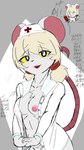 anthro blonde_hair breasts clothed clothing d:> female hair medical_instrument medicine mouse_tail partially_clothed scientific_instrument simple_background solo text white_body yellow_eyes wolfninecloud_furb terrible_mouse lorna_(terrible_mouse) mammal murid murine rodent 9:16 black_and_white chinese_text hi_res monochrome