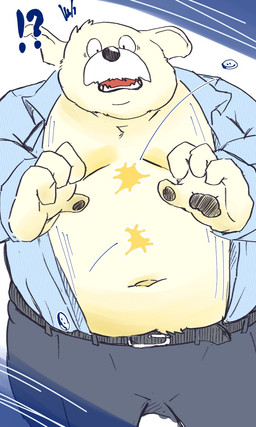 anthro belly big_belly bottomwear clothed clothing exclamation_point kemono male mature_male moobs navel open_clothing open_shirt open_topwear overweight overweight_male pants question_mark shirt solo surprised topwear dain_4201 canid canine canis domestic_dog mammal 2026 3:5 hi_res
