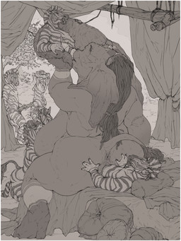 animal_genitalia animal_penis anthro anus big_dom_small_sub border breasts dominant equine_genitalia equine_penis erection female genitals group herm herm/male implied_oral intersex intersex/male jewelry larger_intersex male markings masturbation oral_vore overweight penis proboscis_(anatomy) side_boob size_difference size_play slightly_chubby slightly_chubby_intersex smaller_female smaller_male trunk_(anatomy) unbirthing vaginal vore vulva white_border conditional_dnp oouna lagende elephant elephantid equid equine mammal proboscidean zebra 3:4 absurd_res black_and_white hi_res monochrome