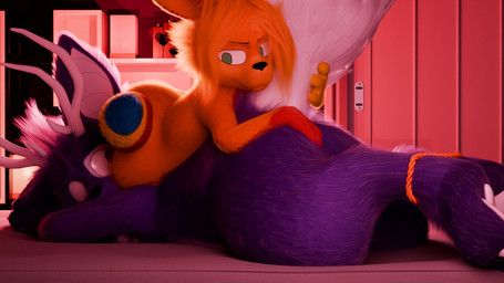 ambiguous_gender anthro bound claws detailed_background duo fluffy fluffy_tail fur green_eyes hair hand_on_butt horn legs_tied looking_at_another lying multicolored_body multicolored_fur nervous on_another on_front orange_body orange_fur purple_body purple_fur raised_tail smile tail two_tone_body two_tone_fur white_body white_fur anduke bailey_(anduke) doodle_the_rabbit canid canine canis domestic_dog herding_dog hybrid lagomorph leporid mammal pastoral_dog rabbit welsh_corgi 16:9 3d_(artwork) digital_media_(artwork) hi_res widescreen
