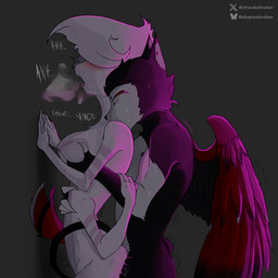 against_surface against_wall anthro bite black_nose blush bodily_fluids breast_squish breasts breath claws dominant dominant_male duo ears_up eyes_closed fangs from_behind_position fur grey_background gynomorph intersex lights male multi_arm multi_limb multicolored_body muscular muscular_male neon_lights pink_tongue sex simple_background size_difference slim squish submissive sweat tail tall teeth tongue white_body wings strandedkraken hazbin_hotel hellaverse angel_dust husk_(hazbin_hotel) arachnid arthropod domestic_cat felid feline felis mammal spider 1:1 hi_res