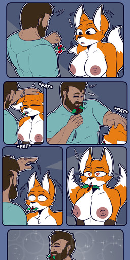 5_fingers anthro anthrofied areola beard black_nose breasts breed brown_hair clothed clothing desperation duo eating exclamation_point facial_hair female fingers fluffy fluffy_tail gloves_(marking) hair headpat heart_eyes heart_symbol imminent_sex male male/female markings muscular nipples nude open_mouth orange_body shirt sweet_berries tail text topwear white_body the_man microsoft minecraft mojang xbox_game_studios canid canine fox fox_(minecraft) human mammal 2023 absurd_res digital_media_(artwork) english_text hi_res