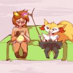 1:1 3_toes amber_eyes anthro black_body black_fur black_nose blush bottomwear braixen brown_body brown_eyes brown_fur brown_hair brown_paws clothed clothing comic countershading duo eyewear feet fur furniture gender_transformation generation_1_pokemon generation_6_pokemon glasses hair human jaki-kun_(character) leg_markings magic male mammal markings multi_nipple nintendo nipples on_sofa open_mouth pokemon pokemon_(species) shorts socks_(marking) sofa spread_legs spreading tan_body tan_countershading thermostat toes tongue tongue_out topless transformation vulpix white_body white_fur yellow_body yellow_fur zanthu