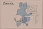 2020 anthro blue_body boxers_(clothing) brown_background chair clothing comic computer cornica_sonoma deer desk digital_drawing_(artwork) digital_media_(artwork) electronics english_text fur furniture grey_body grey_fur hooves keyboard male mammal meme monitor office_chair rear_view scruffythedeer simple_background sitting solo table text underwear youtube
