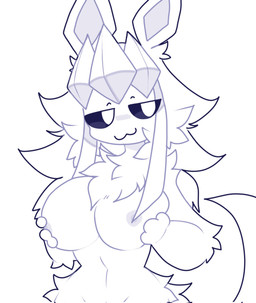 anthro bedroom_eyes big_breasts breast_focus breast_squish breasts female fur hair hand_on_breast long_hair narrowed_eyes nude nude_female seductive solo squish white_body white_fur white_hair wide_hips zephyzest nintendo pokemon fan_character zephy_(zephyzest) eeveelution generation_4_pokemon glaceon pokemon_(species) hi_res