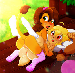 accessory anthro anus ball blonde_hair blush bodily_fluids brown_body brown_fur brown_hair building butt clitoral clitoral_rubbing clitoris clothed clothing countershading detailed_background duo female female/female footwear fur genital_fluids genitals green_eyes hair hair_accessory house inside light loli looking_back nature nature_background nude on_top orange_body orange_eyes orange_fur partially_clothed pillow pussy_stacking rear_view sex smile socks sunset take_your_pick tribadism vaginal vaginal_fluids vulva young young_anthro young_female young_on_young piporete keiko_sakmat zoe_heartfields felid lagomorph leporid lion mammal pantherine rabbit absurd_res digital_media_(artwork) hi_res signature