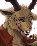 blood blood_in_mouth bodily_fluids brown_body brown_fur clothing fur horn male red_clothing red_shirt red_topwear shirt simple_background solo topwear white_background husky12205 beastars melon_(beastars) antelope bovid gazelle hybrid mammal 4:5 hi_res