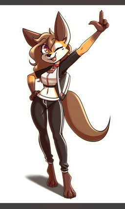 3_toes 4_fingers anthro backpack barefoot black_bottomwear black_clothing black_pants bottomwear breasts brown_body brown_fur brown_hair brown_nose cheek_tuft claws clothed clothing collar eyelashes facial_tuft fangs feet female fingers fur gesture hair hand_on_hip long_hair midriff navel one_eye_closed open_mouth open_smile orange_body orange_fur pants shadow shirt simple_background smile solo standing teeth toe_claws toes tongue topwear tuft white_body white_fur wink miakameron canid canine fox mammal digital_media_(artwork) full-length_portrait hi_res portrait shaded