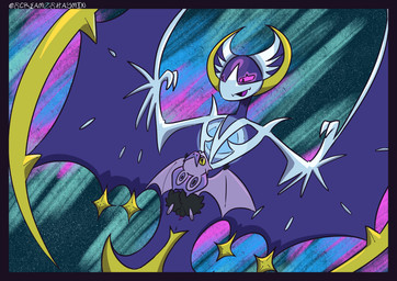 aurora_(phenomenon) balls border female from_front_position fur genitals larger_female lying male membrane_(anatomy) missionary_position on_back patagium purple_body purple_fur sex size_difference sky smaller_male star starry_sky vulva screamoshaymin nintendo pokemon bat generation_6_pokemon generation_7_pokemon legendary_pokemon lunala mammal noibat pokemon_(species) hi_res signature