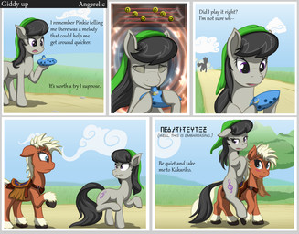 black_hair blue_eyes blush clothing cutie_mark dialogue duo eyes_closed fashion_saddle female feral hair hat headgear headwear hooves looking_away looking_back musical_instrument musical_note musical_symbol ocarina outside plant purple_eyes quadruped riding saddle straddling symbol tail text tree wind_instrument angerelic friendship_is_magic hasbro my_little_pony nintendo the_legend_of_zelda epona_(tloz) octavia_(mlp) earth_pony equid equine horse mammal pony 2013 comic crossover english_text