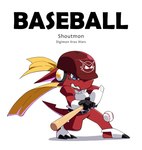 anthro armor ball bandai_namco baseball_(ball) baseball_bat bat_(object) blue_eyes claws clenched_teeth digimon digimon_(species) english_text headgear helmet male op7804620 red_body scarf shoutmon solo teeth text