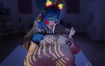 anthro black_nose blue_body blue_hair breasts clothing electronics female green_eyes hair headphones holding_object lips looking_at_viewer open_mouth pink_lips solo teeth tongue tongue_out white_body sunr4y sunr4y_(modeler) five_nights_at_freddy's five_nights_at_freddy's_2 scottgames toy_bonnie_(fnaf) lagomorph leporid mammal rabbit 16:10 2023 3d_(artwork) digital_media_(artwork) hi_res widescreen