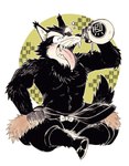 alcohol anthro beverage black_body black_fur clothing eyes_closed footwear fur kemono male open_mouth sake sandals shoes sitting solo tongue tongue_out kinoshita-jiroh canid canine canis mammal wolf 2024 absurd_res hi_res