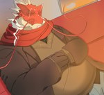 anthro bottomwear clothing eyes_closed humanoid_hands kemono male overweight overweight_male pants red_body scarf sitting solo sweater topwear enjoyertiger lifewonders tokyo_afterschool_summoners itzamna_(tas) iguana iguanid lizard reptile scalie 2022 hi_res