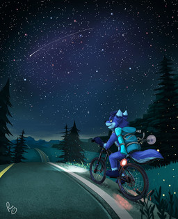 anthro backpack black_nose blue_body blue_eyes blue_fur blue_hair blue_tail fur glistening glistening_eyes grass hair logo looking_up male male_anthro night nude open_mouth open_smile plant road shooting_star short_hair smile solo star tail young young_anthro young_male pandapaco canid canine mammal artist_logo signature