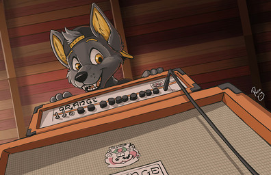 anthro baseball_cap clothing fangs front_view fur grey_body grey_fur hat headgear headwear inner_ear_fluff inside looking_at_viewer male male_anthro open_mouth open_smile orange_eyes red_tongue smile solo speaker teeth tongue tuft yellow_inner_ear_fluff young young_anthro young_male pandapaco canid canine mammal