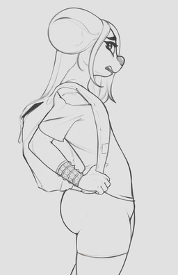5_fingers anthro backpack big_butt big_ears big_nose bottomwear bracelet bubble_butt butt clothed clothing femboy fingers hair jewelry long_hair male open_mouth shirt shorts side_view small_waist solo sportswear standing t-shirt tight_clothing topwear conditional_dnp daserfomalhaut mammal mouse murid murine rodent