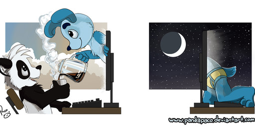 anthro beverage black_body black_fur black_nose blue_body blue_fur blue_seam_briefs bottomwear briefs briefs_only chair closed_smile clothed clothing coffee computer_keyboard container cup duo electronics floppy_ears fur furniture glistening glistening_eyes head_tuft holding_container holding_cup holding_mug holding_object kneeling logo male male_anthro monitor mouth_closed mug nude open_mouth open_smile portal side_view sitting smile steam teeth topless tuft underwear underwear_only white_body white_fur yellow_bottomwear yellow_briefs yellow_clothing yellow_underwear young young_anthro young_male pandapaco parinton bear canid canine canis domestic_dog giant_panda mammal artist_logo hi_res signature