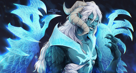 bared_teeth black_sclera blue_body blue_claws blue_eyes blue_scales blue_wings claws finger_claws hair horn humanoid_pointy_ears long_hair male male_humanoid pecs pointy_ears pupils scales slit_pupils solo teeth white_hair white_horn wings santanahoffman humanoid absurd_res half-length_portrait hi_res portrait