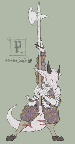 anthro armor axe claws clothed clothing fantasy footwear halberd history horn male melee_weapon polearm renaissance simple_background solo sword tail text weapon dragon_passant kobold scalie digital_media_(artwork) english_text hi_res