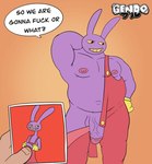 anthro catfishing clothing crossed_arms flaccid genitals gloves handwear humanoid_genitalia humanoid_penis male noseless orange_background overalls overweight overweight_anthro overweight_male penis profanity purple_penis red_clothing red_overalls simple_background text weight_gain yellow_clothing yellow_gloves yellow_handwear gendomx glitch_productions the_amazing_digital_circus jax_(tadc) lagomorph leporid mammal rabbit digital_drawing_(artwork) digital_media_(artwork) english_text