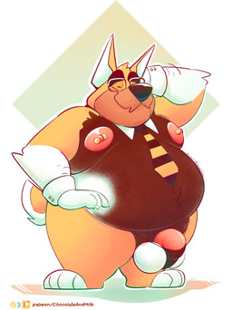 abstract_background anthro barbell_piercing barely_contained barely_contained_penis belly big_belly eyes_closed eyewear flaccid front_view genitals glasses hand_behind_head hand_on_hip male male_anthro moobs mouth_closed nipple_barbell nipple_piercing nipples obese obese_anthro obese_male overweight overweight_anthro overweight_male penis piercing pink_nipples pink_penis rectangular_glasses solo standing chocolateandmilk richard_(chocolateandmilk) canid canine canis domestic_dog mammal hi_res