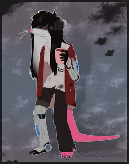 ambiguous_gender anthro big_tail biped black_body black_fur black_hair bottomwear claws clothing coffee_mug cybernetic_arm cybernetic_limb cybernetics feet fur hair jacket machine messy_clothing pants red_eyes shirt slim slim_anthro solo tail teeth tired tired_eyes toe_claws topwear white_body white_fur white_hair misslovely ryn_(heliocintrini) american_opossum mammal marsupial hi_res