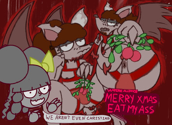 accessory andromorph anthro anus bow_(feature) bow_accessory bow_ribbon braided_hair braided_pigtails brown_hair bulge butt christmas_clothing clothed clothing commanding_viewer curly_hair dialogue duo eyelashes facial_hair fangs female fingers flesh_fang fur goatee grey_body grey_hair grey_skin hair hair_accessory hair_bow hair_bun hair_ribbon holding_object holidays intersex jockstrap looking_at_viewer looking_back looking_back_at_viewer makeup male mascara membrane_(anatomy) membranous_wings mistletoe moobs mostly_nude nipples open_mouth pigtails plant ponytail pose presenting presenting_anus presenting_hindquarters rear_view red_background red_clothing ribbons romantic simple_background skimpy smile solo_focus speech_bubble tail tail_aside tail_tuft talking_to_viewer teasing teeth text topwear tuft underwear wings morgan_shawty christmas the_nocturnal_yearn_to_kill magnolia_u-v morgan_(morgan_shawty) bat humanoid mammal vampire 2023 digital_media_(artwork) digital_painting_(artwork) english_text hi_res painting_(artwork) pinup nonbinary_(lore)