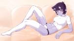 black_hair blush bow_panties bow_underwear clothed clothing eyelashes female furniture hair horn humanoid_pointy_ears legwear looking_at_viewer midriff not_furry orange_eyes panties pointy_ears purple_body purple_skin shirt short_hair sofa solo thigh_highs topwear underwear ittla asian_mythology east_asian_mythology japanese_mythology mythology ume_(ittla) demon humanoid oni yokai hi_res