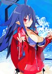 blue_hair blush breasts clothing day female glistening glistening_hair hair humanoid_pointy_ears jacket not_furry outside pointy_ears red_eyes smile solo topwear wet miyakawa106 disgaea nippon_ichi_software laharl demon humanoid hi_res portrait three-quarter_portrait