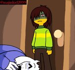 angry anthro blush clothing disgust door door_handle doorknob drunk eyewear female fist frustrated glasses hair hate horn laugh male pattern_clothing red_eyes shadowed_eyes short_hair striped_clothing stripes substance_intoxication majinkid2099 deltarune undertale_(series) kris_(deltarune) toriel boss_monster_(undertale) human mammal