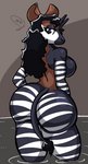 anthro big_breasts big_butt black_hair breasts butt eyelashes female hair horn huge_butt looking_at_viewer looking_back multicolored_body nude side_boob simple_background solo stripes thick_thighs mdjoe giraffid mammal okapi 2020 aliasing digital_media_(artwork) signature