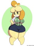 anthro big_breasts bottomwear breasts cardigan clothing female fur monotone_bottomwear monotone_clothing monotone_skirt orange_body orange_fur pear-shaped_figure pencil_skirt plaid short_stack simple_background skirt smile solo thick_thighs tight_clothing white_body white_fur wide_hips yellow_body yellow_fur ultrastax animal_crossing nintendo isabelle_(animal_crossing) canid canine canis domestic_dog mammal 2021 3:4 absurd_res hi_res